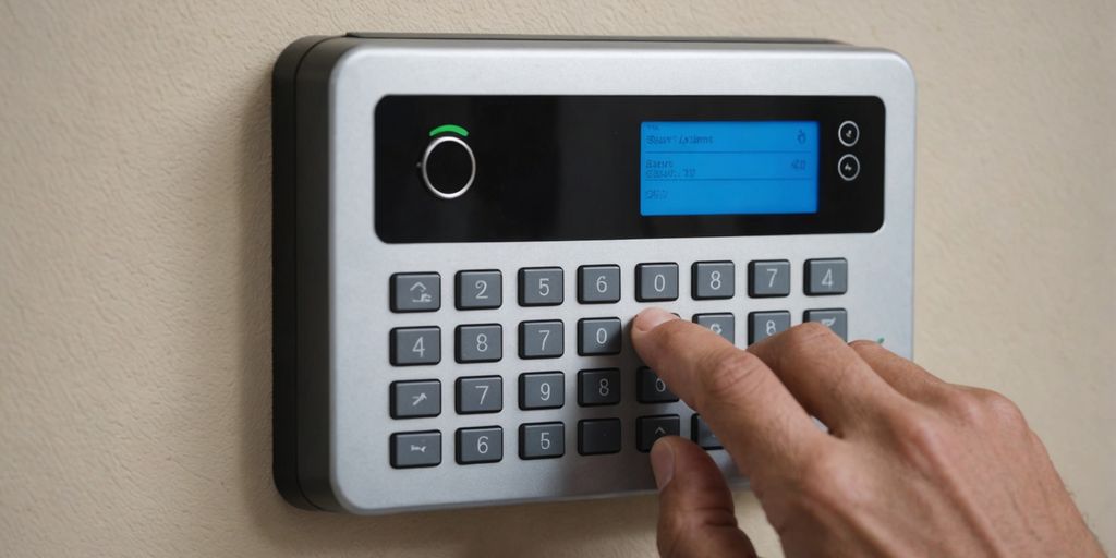 Hand entering code on security alarm keypad.